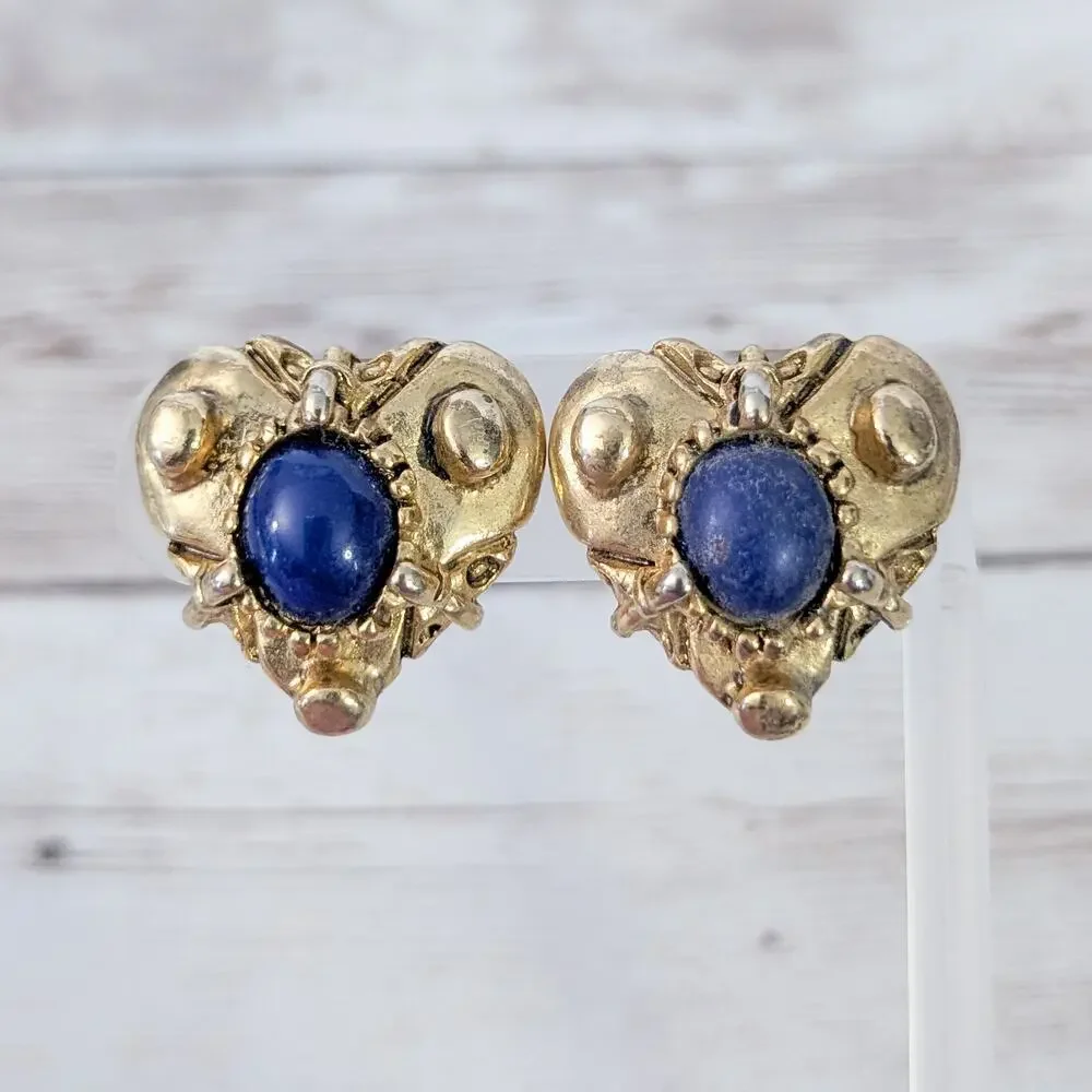 Vintage Clip On Earrings Chunky Gold Tone Heart Blue Center - Condition Issues